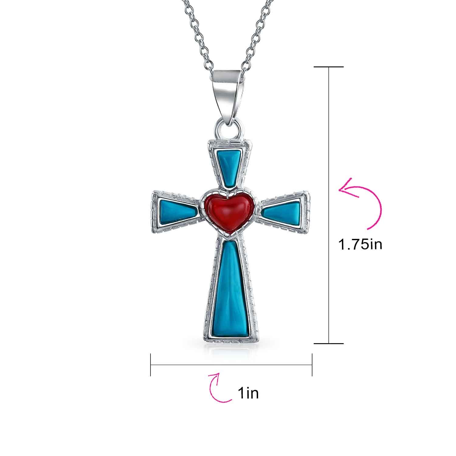 South Western Style Gemstone Blue Stabilized Turquoise Red Heart Cross Pendant Religious .925 Sterling Silver Necklace For Women Teen