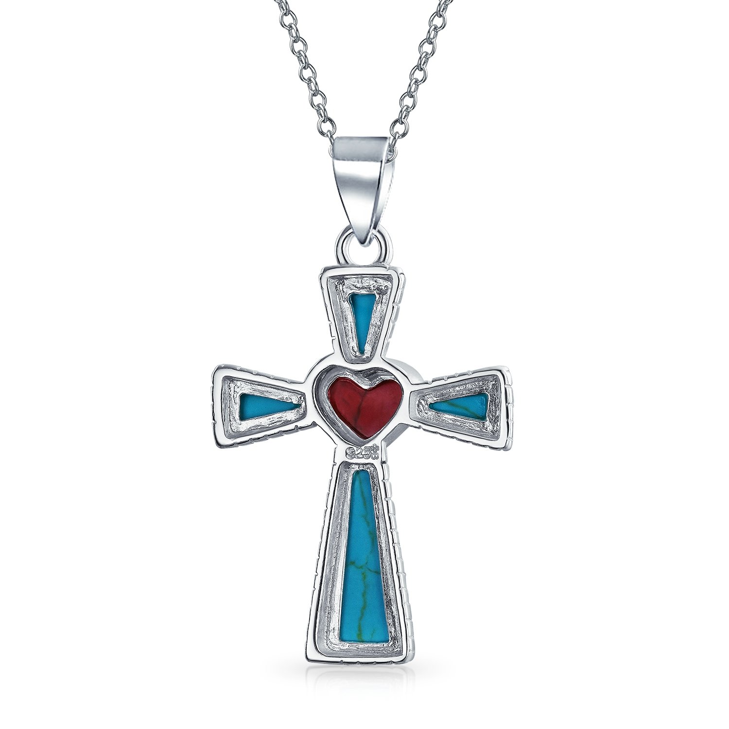 South Western Style Gemstone Blue Stabilized Turquoise Red Heart Cross Pendant Religious .925 Sterling Silver Necklace For Women Teen