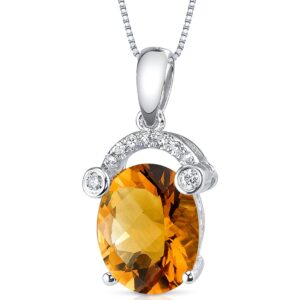 peora 14k white gold 2.23 carats citrine and diamond pendant for women, genuine gemstone, large oval shape 10x8mm