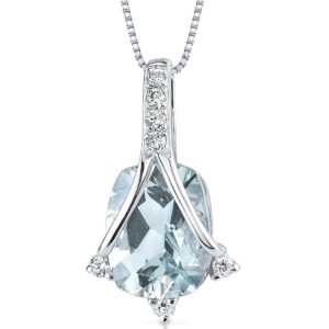 peora aquamarine and diamond pendant for women 14k white gold, genuine gemstone birthstone, 1.63 carats cushion cut 9x7mm, with 18 inch chain