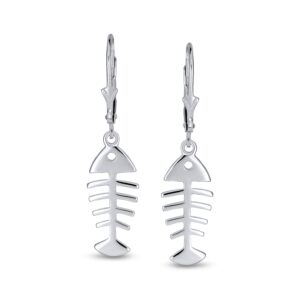 Nautical Vacation Ocean Sea Lever back Drop Dangle Skeleton Fishbone Fish Earrings For Women Teen .925 Sterling Silver