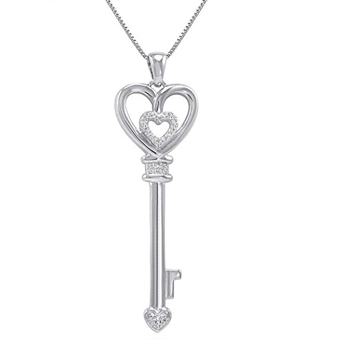 Amanda Rose Collectoin Diamond Key to Her Heart Pendant Necklace for Women in Sterling Silver on an 18" Box Chain| Real Diamonds in Sterling Silver