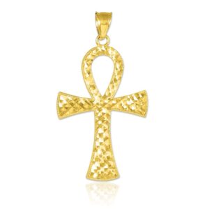 14k yellow gold diamond plate milgrain egyptian ankh cross pendant