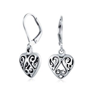 open lightweight scroll filigree multi heart shape puff hearts drop dangle earrings for women girlfriend oxidized .925 sterling silver lever back