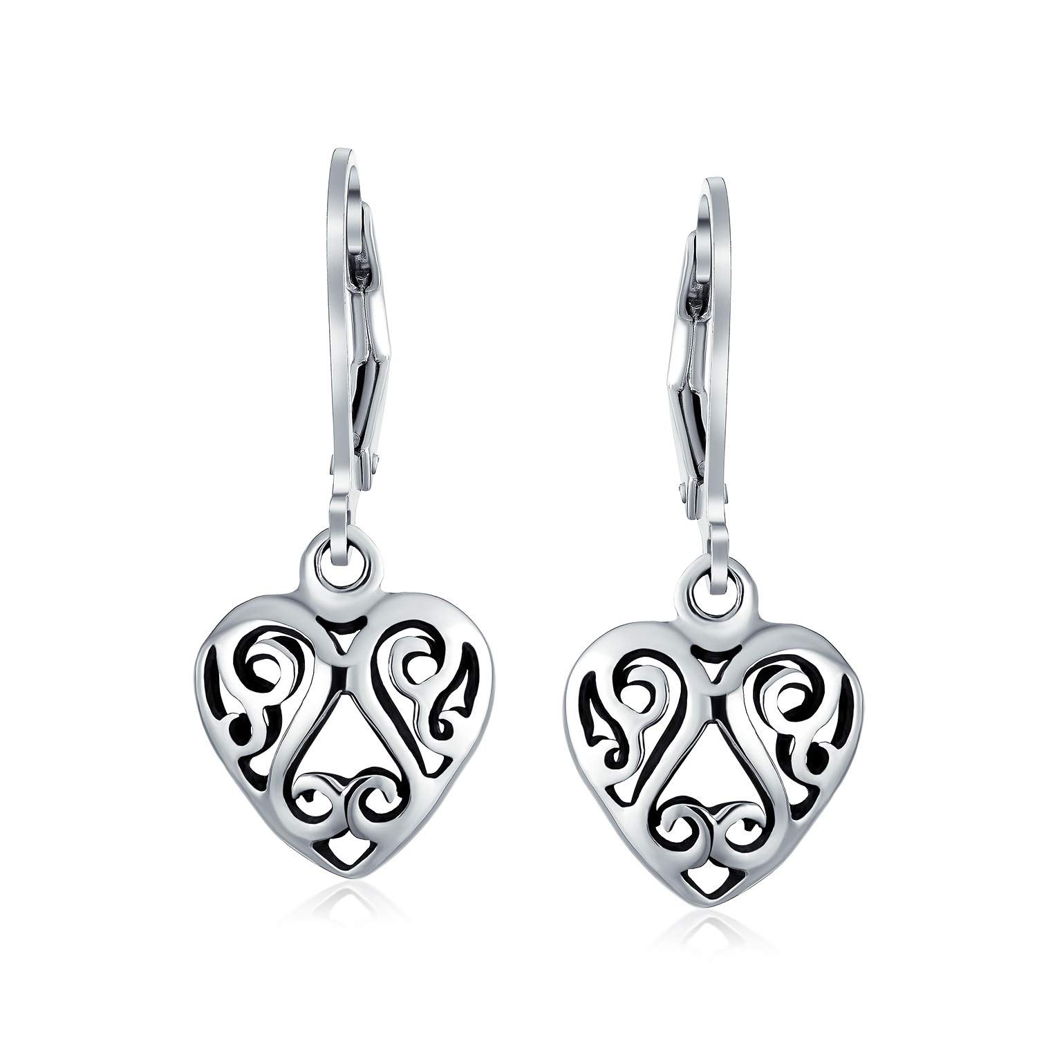 Open Lightweight Scroll Filigree Multi Heart Shape Puff Hearts Drop Dangle Earrings For Women Girlfriend Oxidized .925 Sterling Silver Lever back