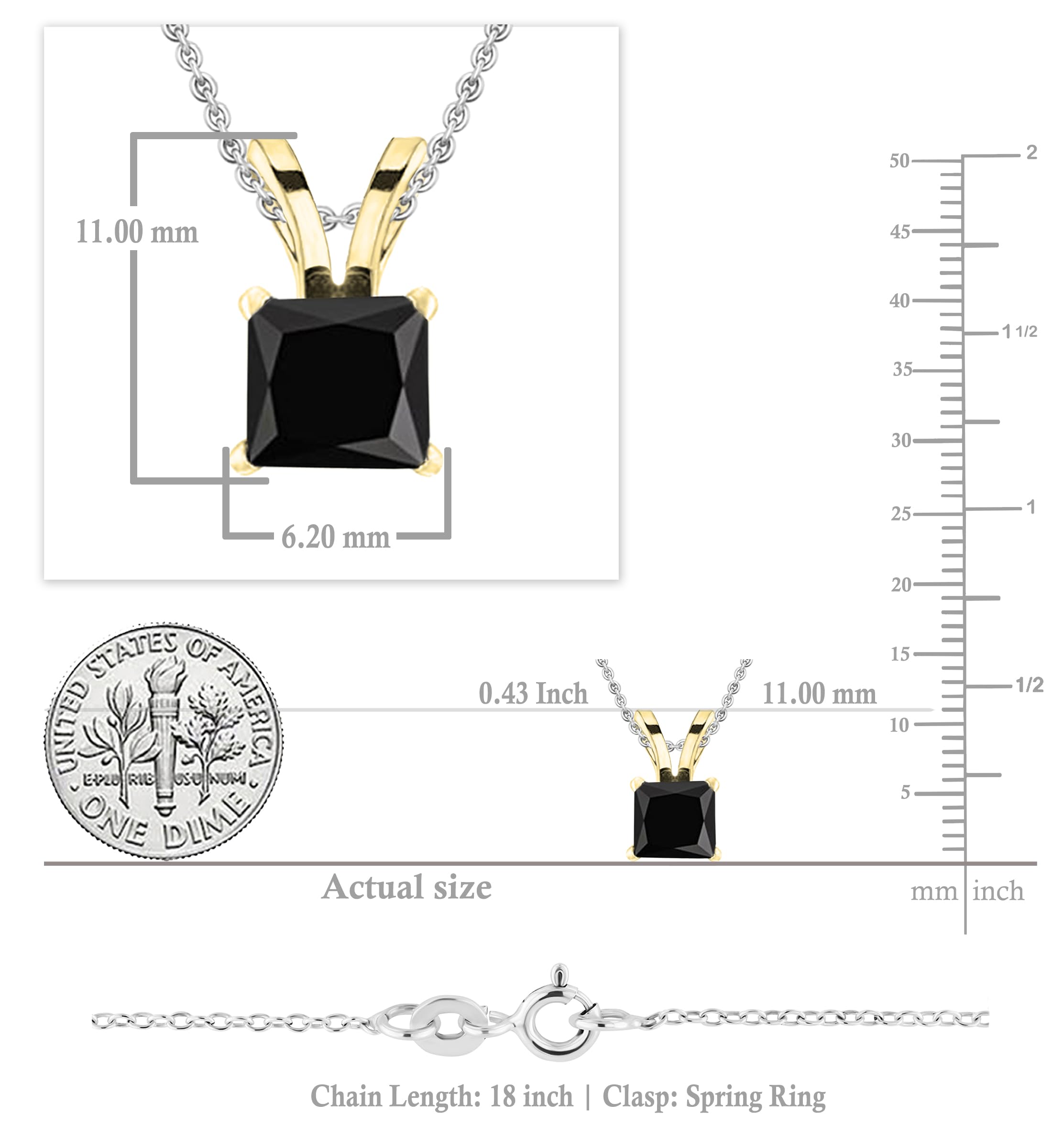 Dazzlingrock Collection 1.00 Carat (ctw) Princess Black Diamond Solitaire Pendant With 18 Inch Chain With Silver Chain 1 CT, 10K White Gold