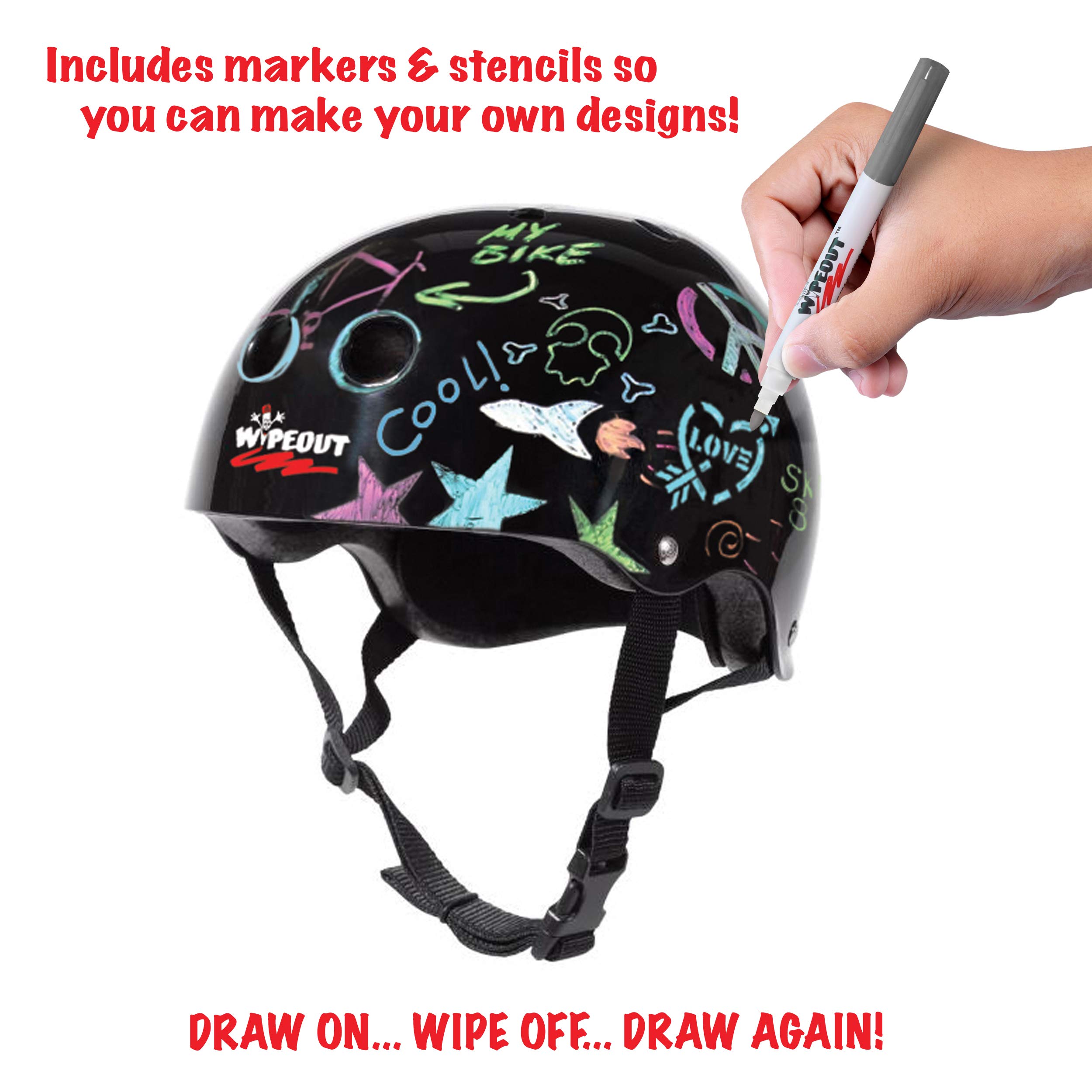 Wipeout Dry Erase Kids Helmet for Bike, Skate, and Scooter, Black, Ages 8+