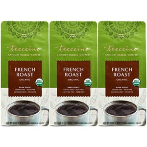 teeccino french roast chicory coffee alternative - ground herbal coffee that’s prebiotic, caffeine-free & acid free, dark roast, 11 ounce (pack of 3)