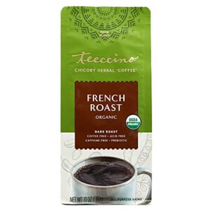 Teeccino French Roast Chicory Coffee Alternative - Ground Herbal Coffee That’s Prebiotic, Caffeine-Free & Acid Free, Dark Roast, 11 Ounce (Pack of 3)