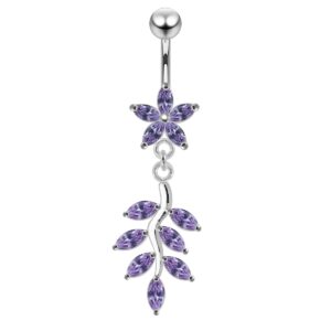 Lavender CZ Crystal Stone Daisy Flower with Floral Leaf Dangling 925 Sterling Silver Belly Ring Body Jewelry