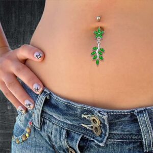 Lavender CZ Crystal Stone Daisy Flower with Floral Leaf Dangling 925 Sterling Silver Belly Ring Body Jewelry