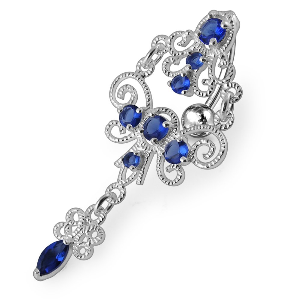 Dark Blue CZ Gemstone Floral Chandelier Dangling Reverse Bar 925 Sterling Silver Belly Ring Body jewelry