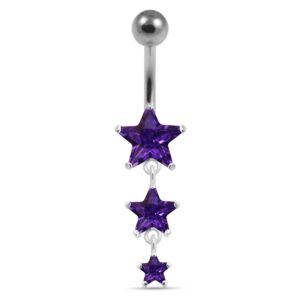 Purple CZ Crystal Stone Triple Star Dangling 925 Sterling Silver Belly Ring Body Jewelry