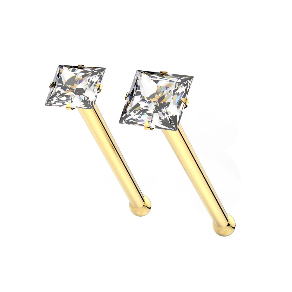 14K Solid Yellow Gold with 1.5MM Square Gem Ball End Nose Pin Body jewelry