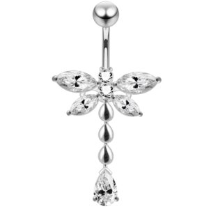 Clear CZ Crystal Stone Dragonfly with Multi Teardrop Dangling 925 Sterling Silver Belly Ring Body Jewelry