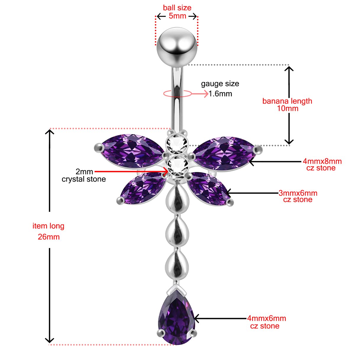 Clear CZ Crystal Stone Dragonfly with Multi Teardrop Dangling 925 Sterling Silver Belly Ring Body Jewelry