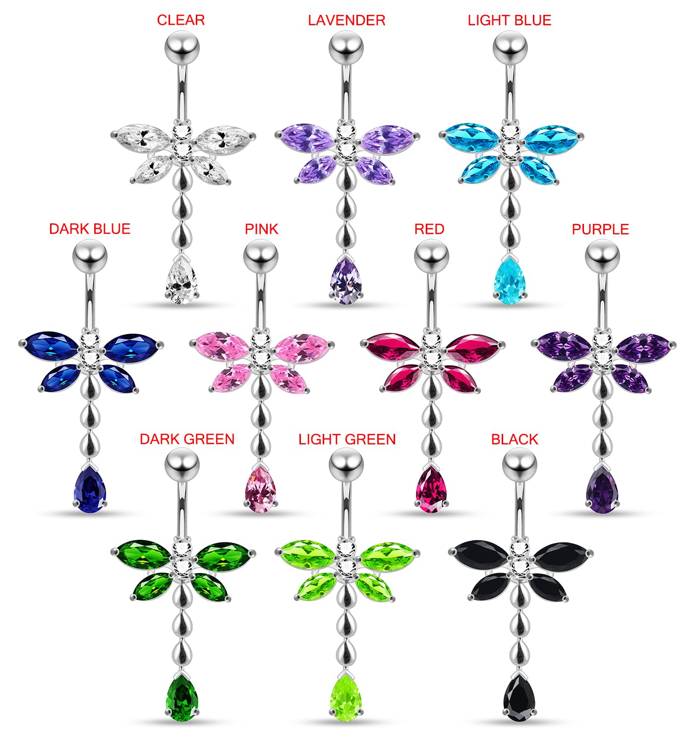 Clear CZ Crystal Stone Dragonfly with Multi Teardrop Dangling 925 Sterling Silver Belly Ring Body Jewelry