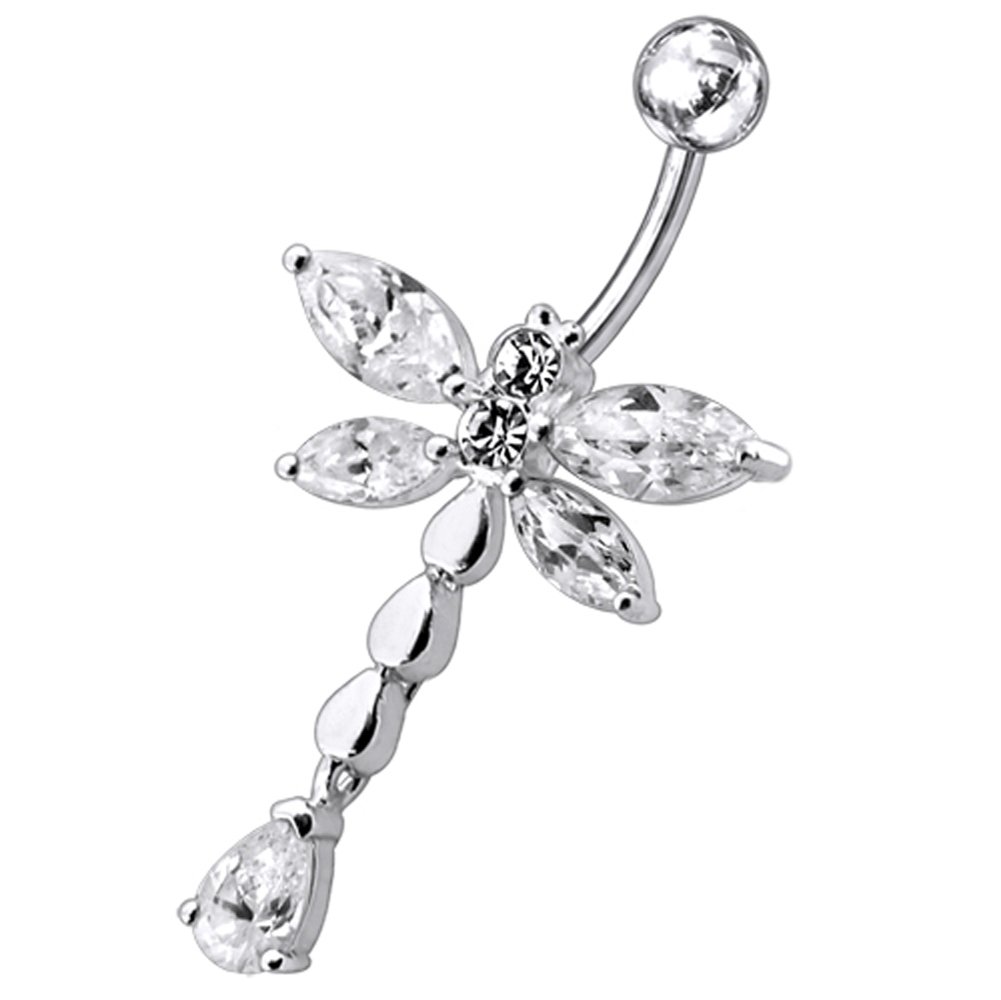 Clear CZ Crystal Stone Dragonfly with Multi Teardrop Dangling 925 Sterling Silver Belly Ring Body Jewelry