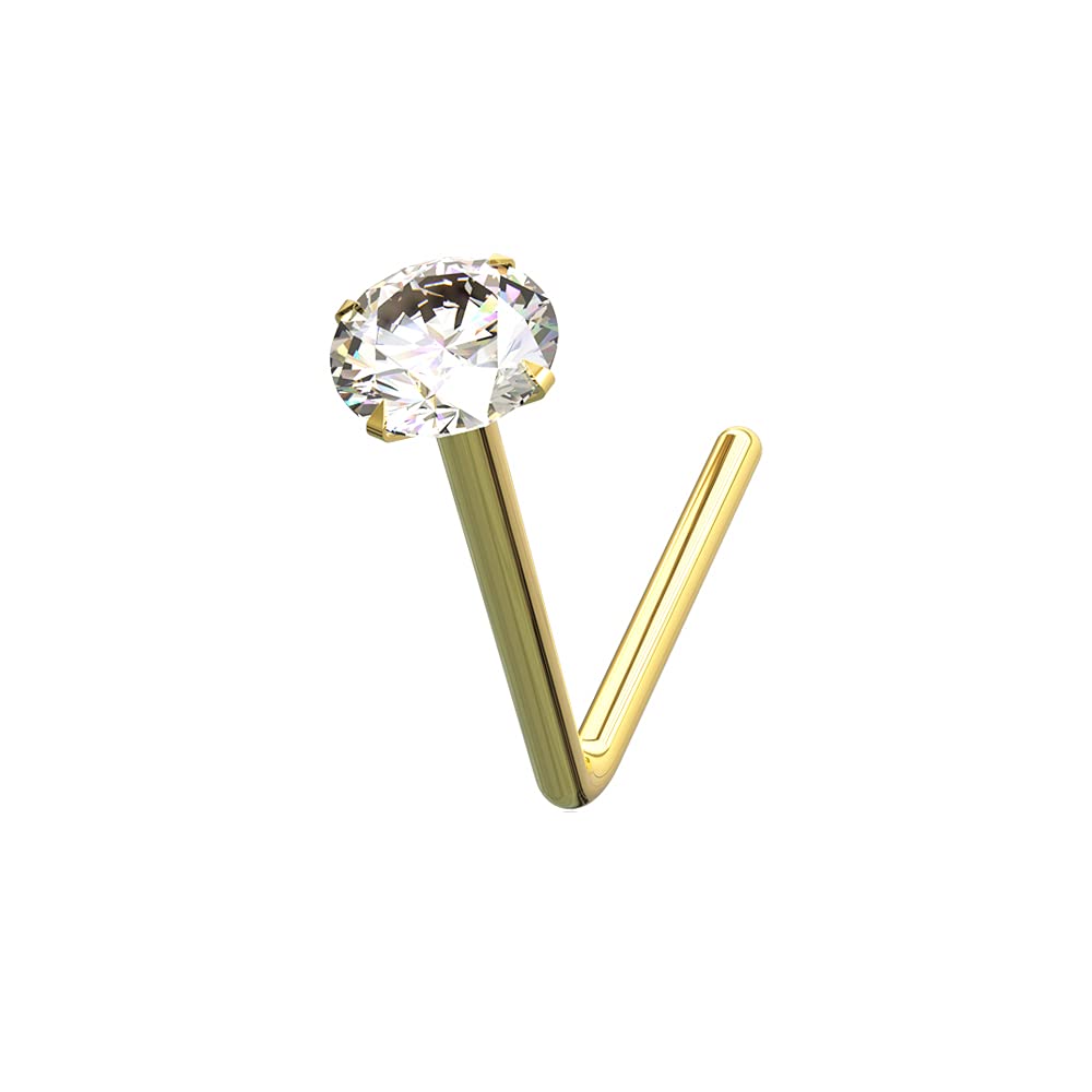 1.5mm Round Cz Gemstne 22 Gauge 9K Solid Yellow Gold L-Shaped Jeweled Nose Stud Piercing Jewelry