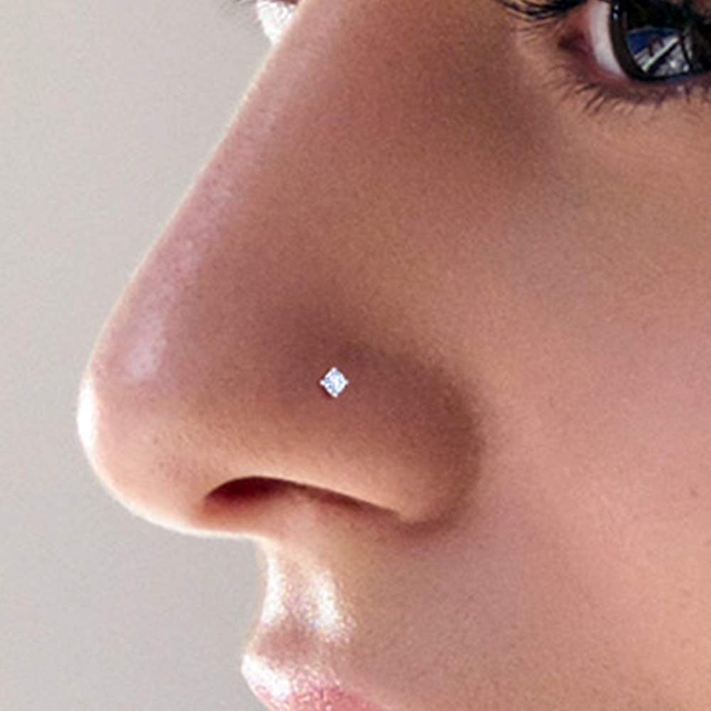 1.5mm Round Cz Gemstne 22 Gauge 9K Solid Yellow Gold L-Shaped Jeweled Nose Stud Piercing Jewelry