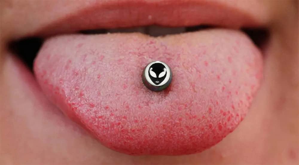 White ALIEN Logo Tongue Ring. 14Gx5/8(1.6x16mm) 316L Surgical Steel Barbell with 6/6mm Ball Tongue Piericng jewelry. Price per 1 Piece only.