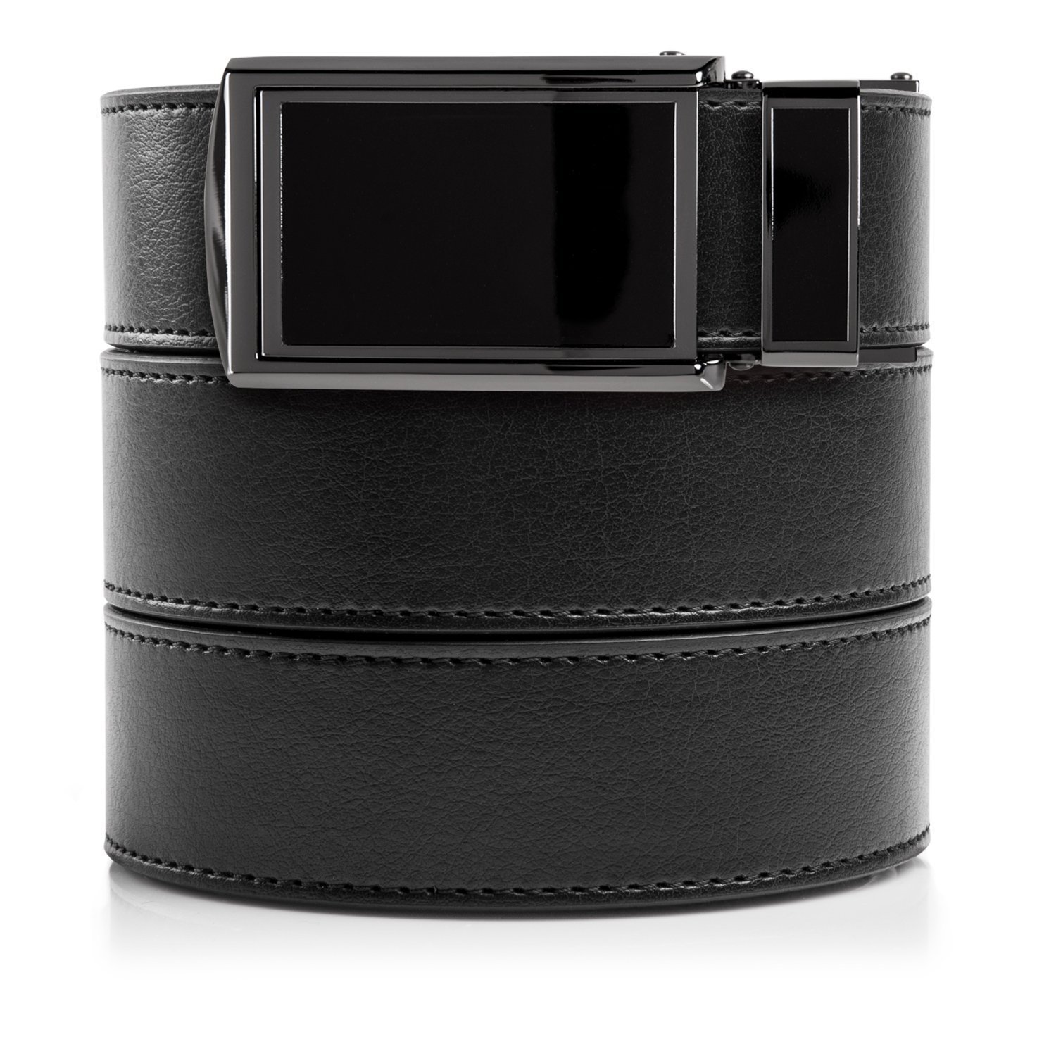 SlideBelts Men's Vegan Leather Belt without Holes - Black Buckle/Black Leather (Trim-to-fit: Up to 48" Waist)