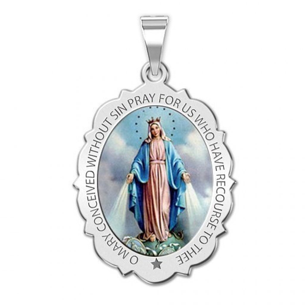 PicturesOnGold.com Sterling Silver Scalloped Virgin Mary Catholic Oval Miraculous Medal Necklace Pendant for Women (Sterling Silver - 1/2 Inch X 2/3 Inch)