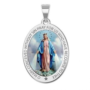 PicturesOnGold.com Sterling Silver Virgin Mary Catholic Oval Miraculous Medal Necklace Pendant for Women (Sterling Silver - 2/3 Inch X 3/4 Inch)