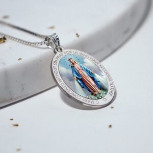 PicturesOnGold.com Sterling Silver Virgin Mary Catholic Oval Miraculous Medal Necklace Pendant for Women (Sterling Silver - 2/3 Inch X 3/4 Inch)