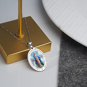 PicturesOnGold.com Sterling Silver Virgin Mary Catholic Oval Miraculous Medal Necklace Pendant for Women (Sterling Silver - 2/3 Inch X 3/4 Inch)