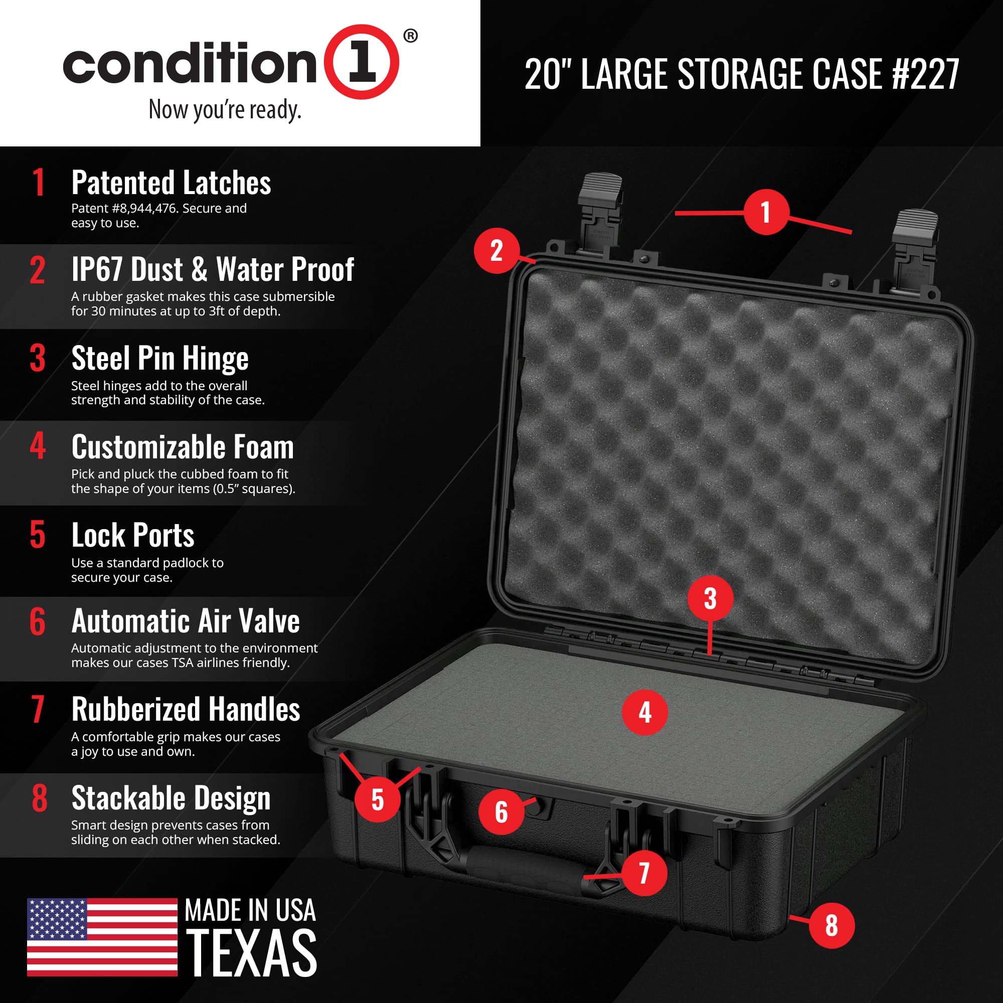 Condition 1 20" Large Hard Case Lockable Storage Box, Waterproof Tough Plastic Case Protective Luggage for Camera, Tactical Gear, Made in USA, 227, 19.75"x15.75"x7.5" Black