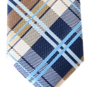 Retreez Elegant Plaid Check Woven Microfiber Skinny Tie - Navy Blue and Khaki