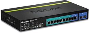 trendnet 10-port gigabit web smart poe+ switch, 8 x poe+ gigabit ports, 2 x gigabit ethernet ports, 2 x shared sfp slots, 75w total power budget, rack mountable, lifetime protection, black, tpe-1020ws