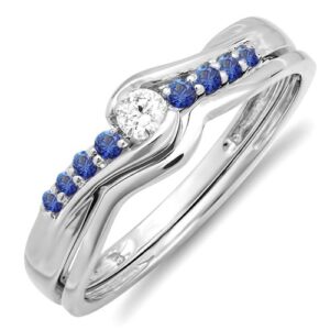 dazzlingrock collection round blue sapphire and white diamond women bridal promise engagement wedding band set in 10k white gold, size 6