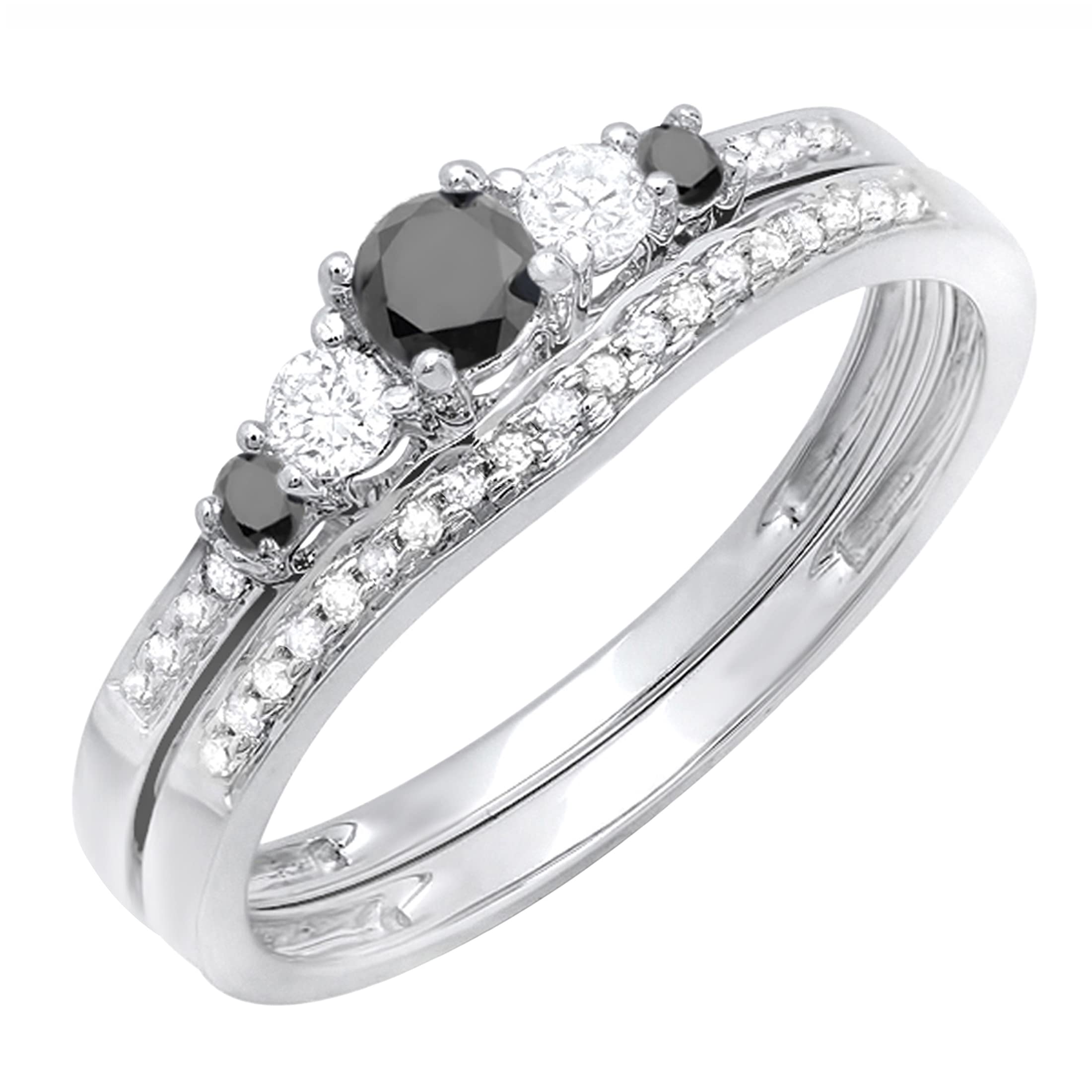 Dazzlingrock Collection 0.45 Carat (Ctw) 14k Round Black And White Diamond Women 5 Stone Bridal Engagement Ring Matching Band Set 1/2 CT, White Gold, Size 7