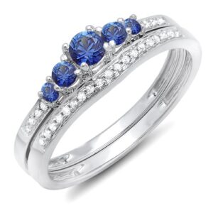 dazzlingrock collection 14k blue sapphire & white diamond women 5 stone bridal engagement ring set, white gold, size 7