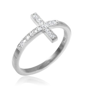 14K White Gold 1/10 Cttw Diamond Accented Sideways Cross Ring (J-K Color, I1-I2 Clarity) - Size 7-1/4