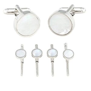 Cuff-Daddy Mens Mother of Pearl Silver Spring Back Cufflinks and Studs Formal Set with Presentation Box