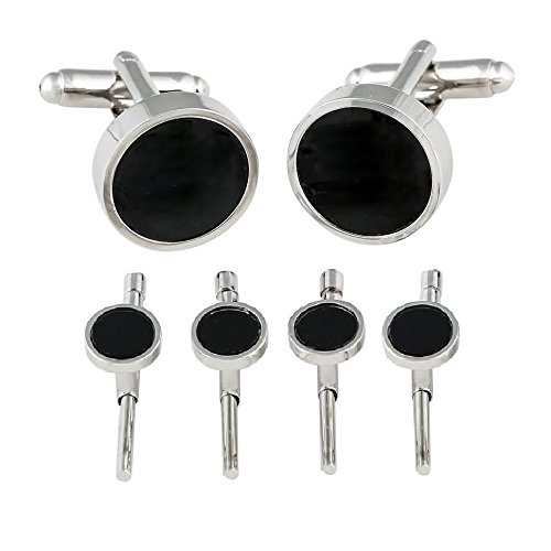 Mens Black Onyx Spring-Back Tuxedo Cufflinks Studs Formal Set with Presentation Gift Box