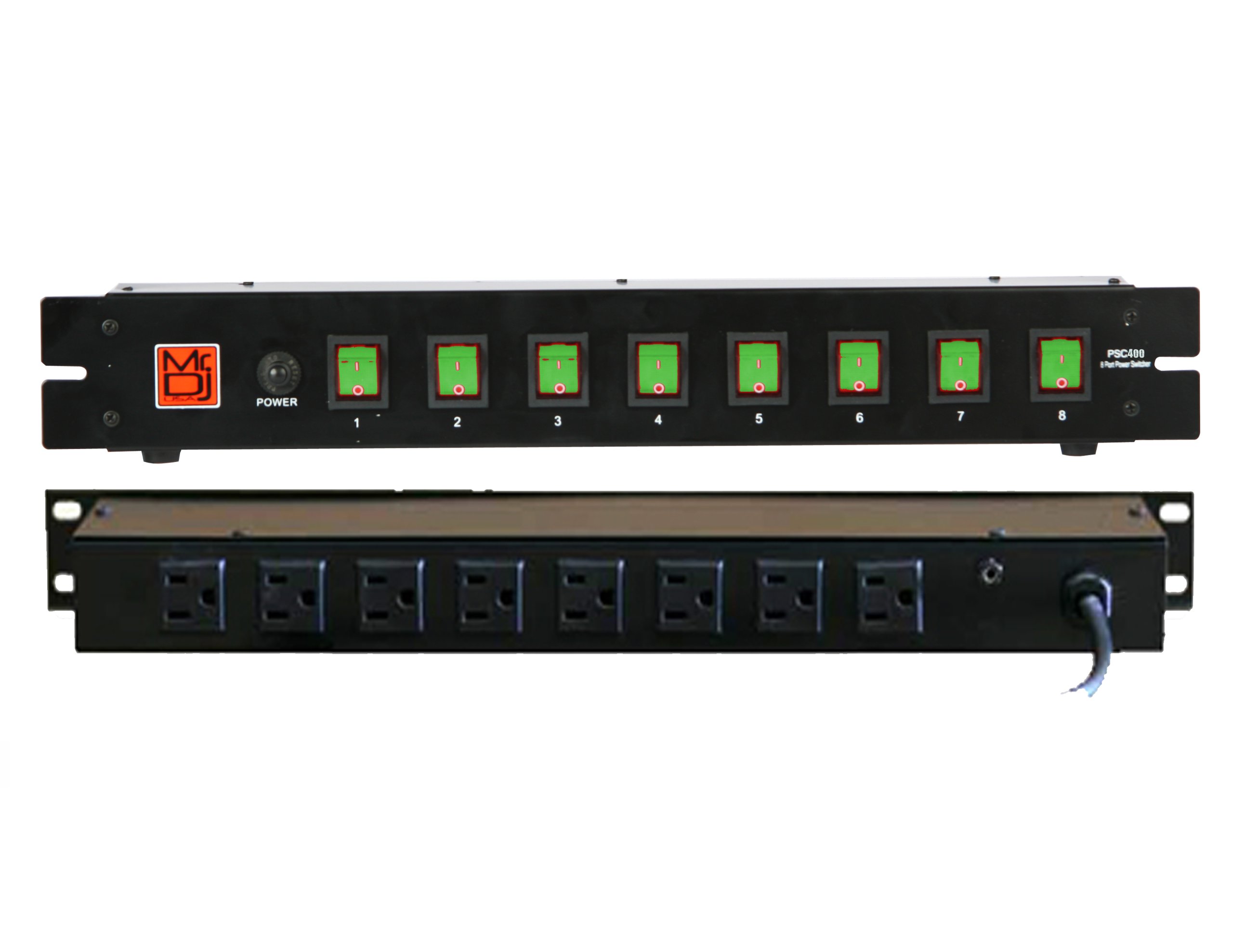 MR DJ PSC400 Rack Mountable 8 Port Power Switcher Surge Protectors Green Toggles ON / OFF Power Center, Power Strip