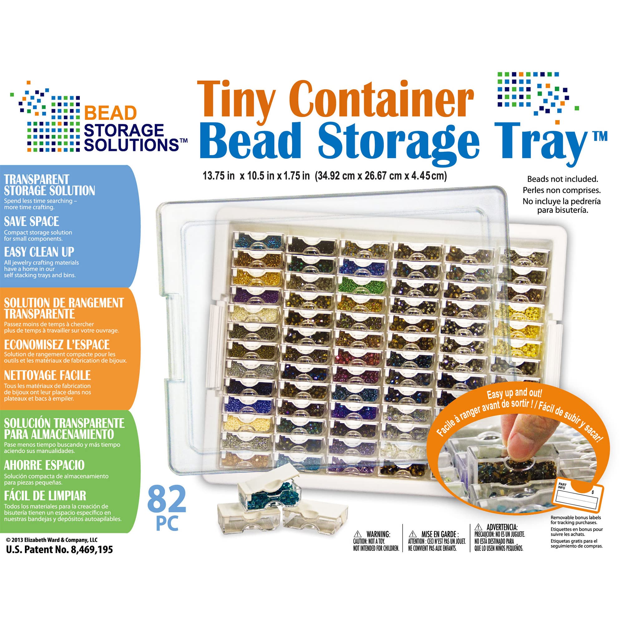 Elizabeth Ward Bead Storage Solutions Plastic Storage Tray and Bead Organizer with 78 Containers of Various Sizes, Tray, and Lid for Beads, Clear