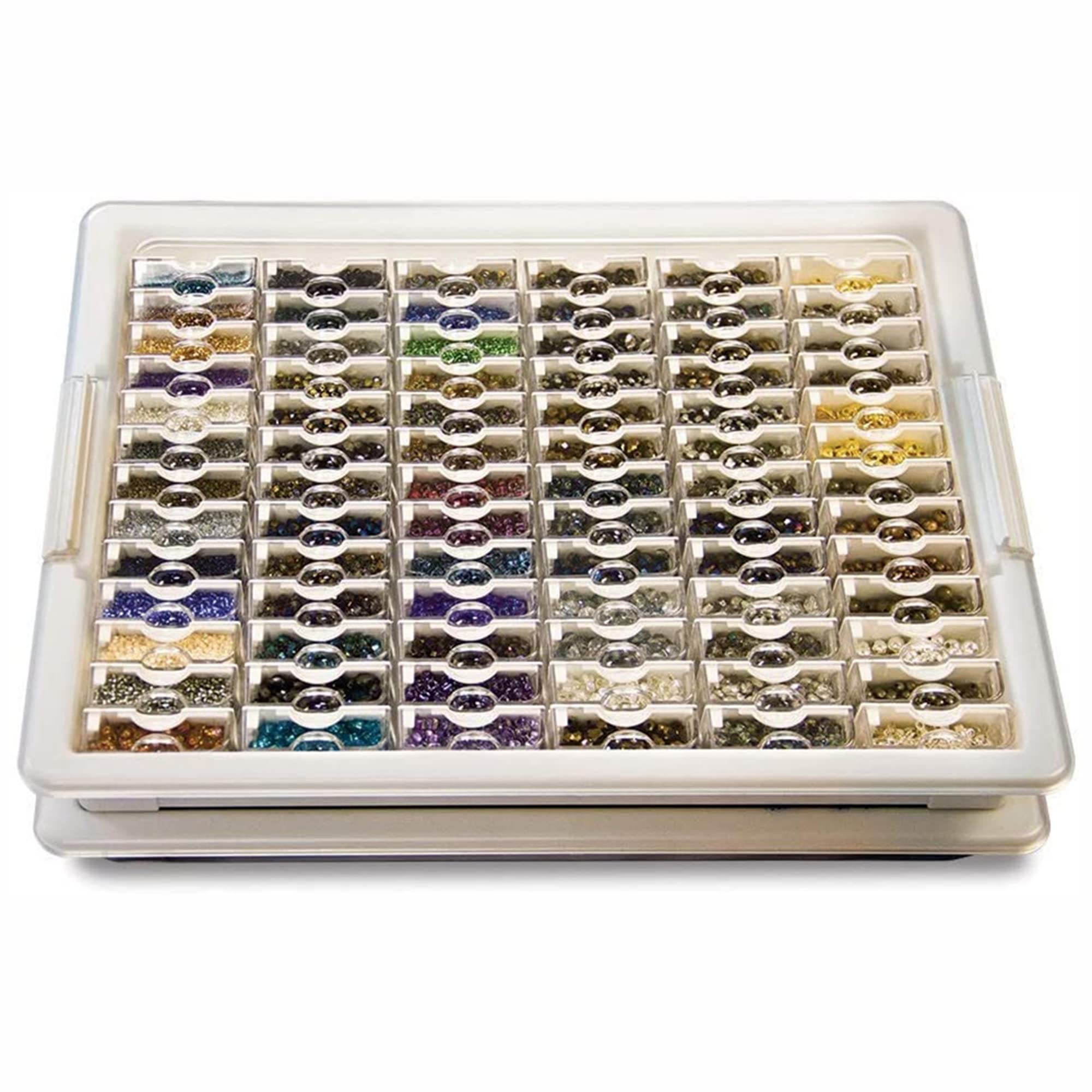 Elizabeth Ward Bead Storage Solutions Plastic Storage Tray and Bead Organizer with 78 Containers of Various Sizes, Tray, and Lid for Beads, Clear