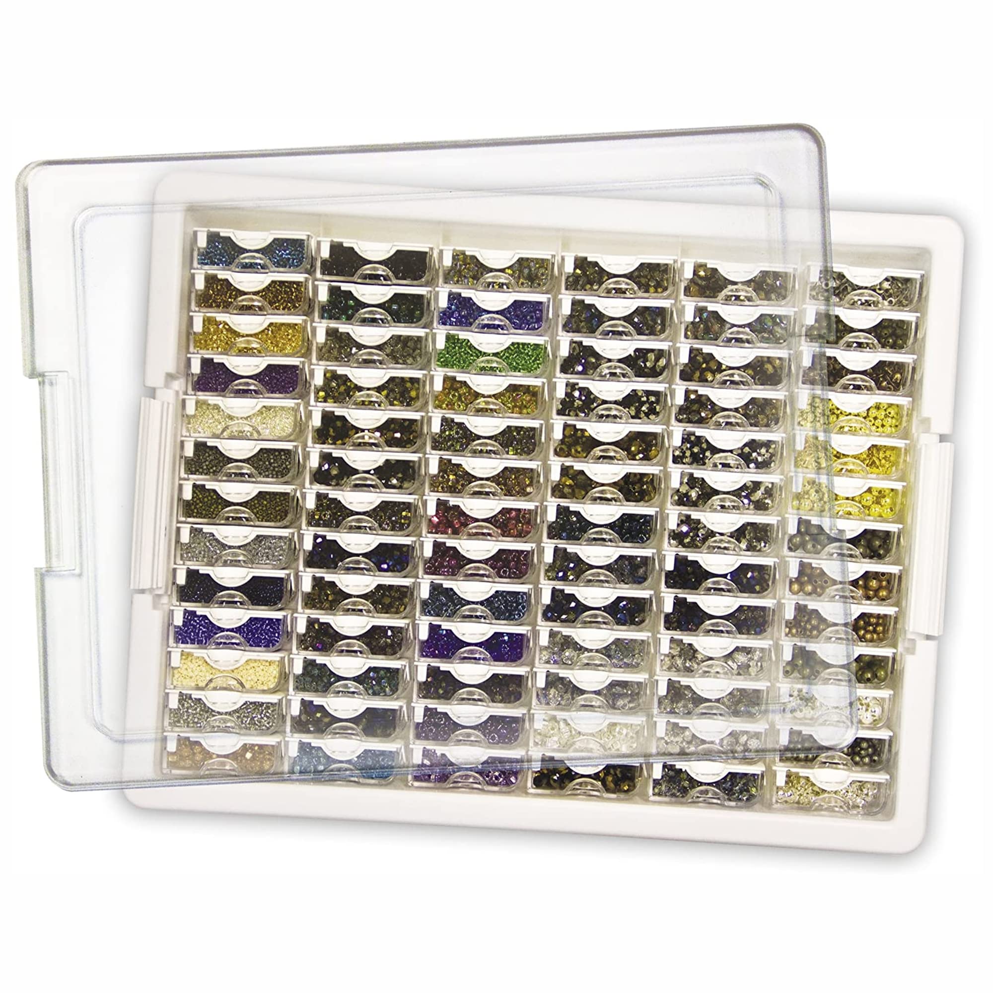 Elizabeth Ward Bead Storage Solutions Plastic Storage Tray and Bead Organizer with 78 Containers of Various Sizes, Tray, and Lid for Beads, Clear