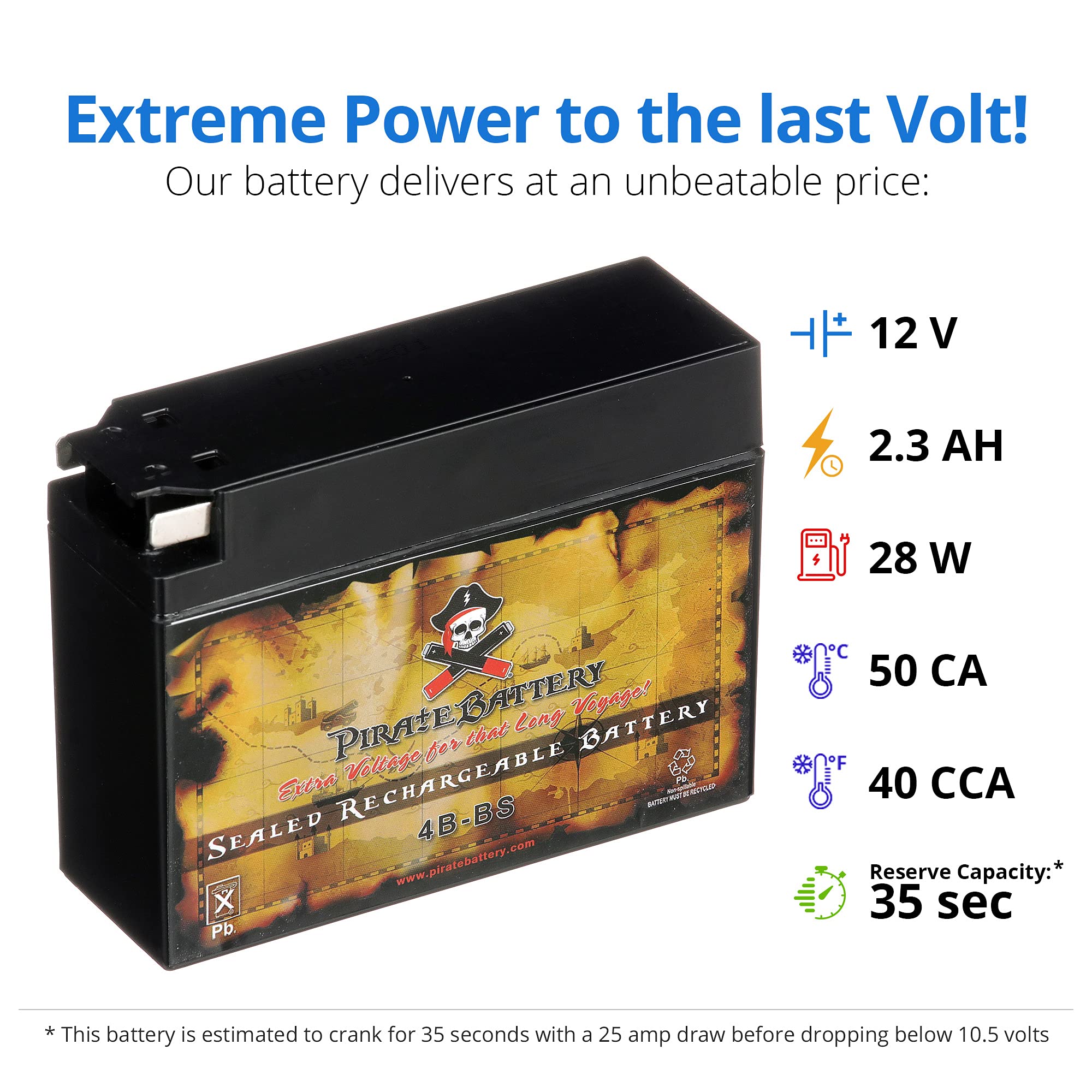 Pirate Battery 4B-BS Maintenance Free Replacement Battery for Suzuki and Yamaha Motorcycle: 12 Volts, 3 Amps, 2.3 Ah, Tab Terminal