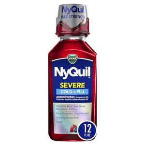 Vicks NyQuil SEVERE Cold and Flu Relief Liquid Berry Flavored Medicine, Maximum Strength, 9-Symptom Nighttime Relief For Fever, Sore Throat, Nasal Congestion, Sinus Pressure, Sneezing, Cough, 12 FL OZ