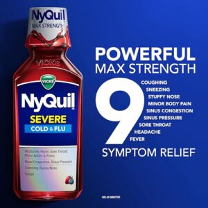 Vicks NyQuil SEVERE Cold and Flu Relief Liquid Berry Flavored Medicine, Maximum Strength, 9-Symptom Nighttime Relief For Fever, Sore Throat, Nasal Congestion, Sinus Pressure, Sneezing, Cough, 12 FL OZ