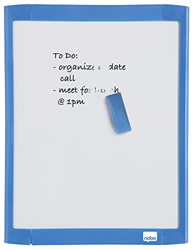 Nobo 1903816 Mini Magnetic Whiteboard with Coloured Frame, Dry Wipe, Wall Mountable, Includes Whiteboard Pen, Magnets, Eraser & Foam Adhesive Mounting Pads,Light Blue,216 x 280 mm