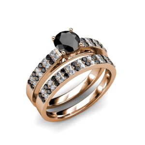 Black & White Natural Diamond Double Row Bridal Set Ring & Wedding Band 1.70 ctw 14K Rose Gold.size 9.0