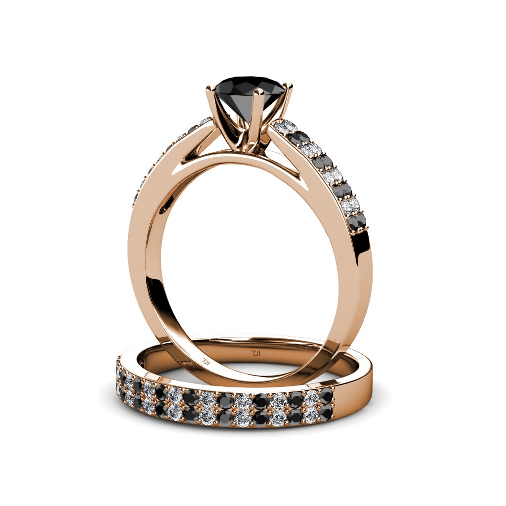 Black & White Natural Diamond Double Row Bridal Set Ring & Wedding Band 1.70 ctw 14K Rose Gold.size 9.0