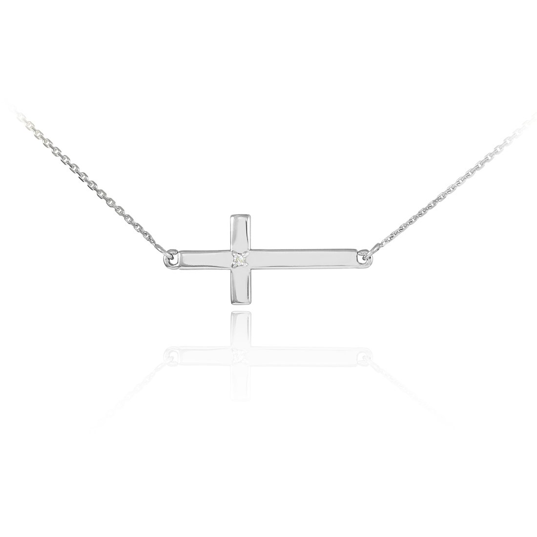 14k White Gold Cute Sideways Cross Diamond Necklace (18 Inches)